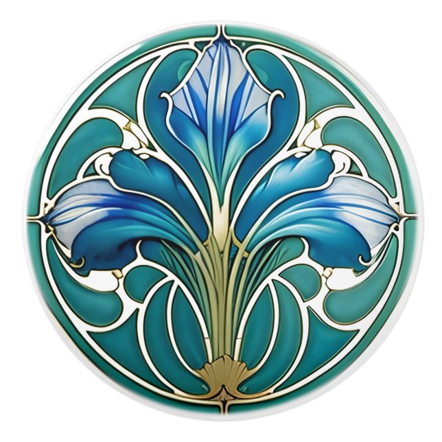 Art Nouveau Blue Stylized Lily 2 Ceramic Knob (Front)