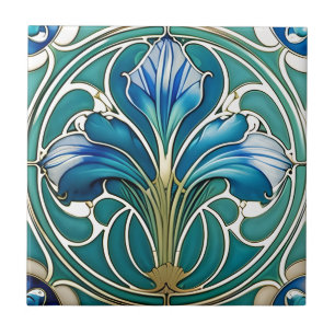 Art Nouveau Blue Stylized Lily 2 Tile