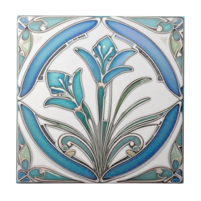 Art Nouveau Blue Stylized Lily Tile (Front)