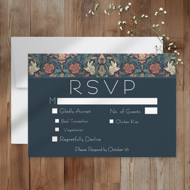 Art Nouveau Blue William Morris Floral Wedding RSVP Card (Art Nouveau Blue William Morris Floral Wedding RSVP Card)
