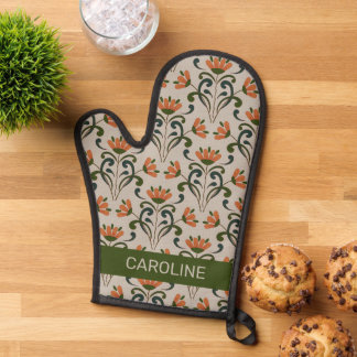 Art nouveau boho orange flowers with name on beige oven mitt