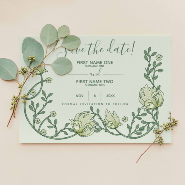 Art Nouveau Botanical, pretty script Save The Date (Pretty art nouveau save the date, green flowers vines on a light background.)