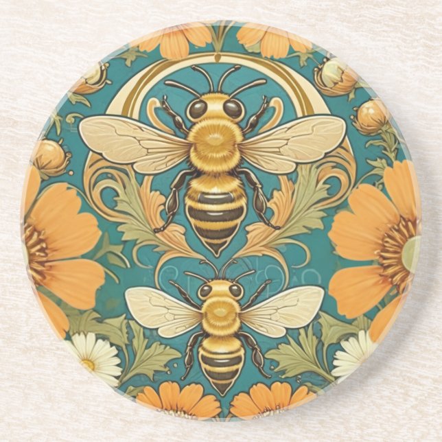 Art Nouveau Bumble Bee Decorative Ceramic Tile Coaster (Front)