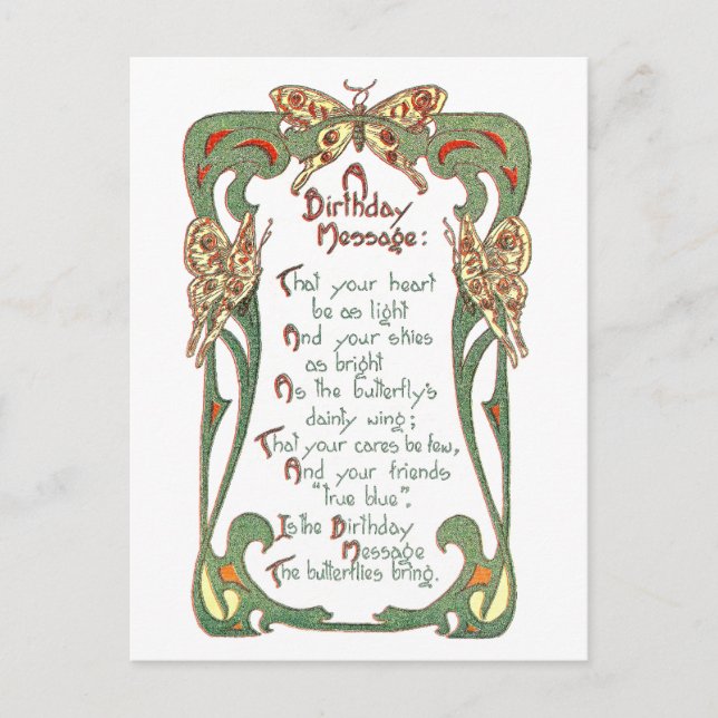 Art Nouveau Butterfly Birthday Postcard (Front)