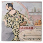 Art Nouveau Carmen Habanera Print – Vintage Opera  Tile<br><div class="desc">This elegant Art Nouveau–inspired illustration captures the timeless allure of Carmen in a serene Mediterranean setting. A graceful dark-haired woman adorned with a golden flower gazes into the distance, draped in a flowing floral kimono rich with yellow and blush blooms. Beside her rests a tambourine, a ceramic jug, ripe oranges,...</div>