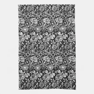Art Nouveau Carnation Damask, Black and White Kitchen Towel