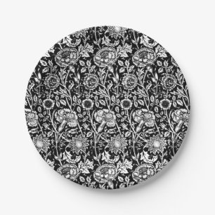 Art Nouveau Carnation Damask, Black and White Paper Plate