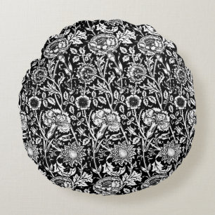 Art Nouveau Carnation Damask, Black and White Round Pillow