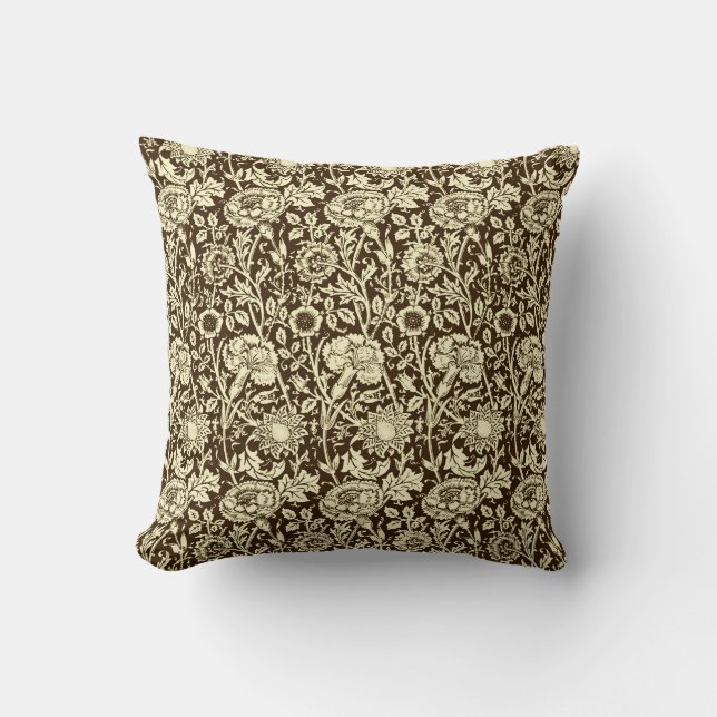 Art Nouveau Carnation Damask, Brown and Cream Throw Pillow (Front)