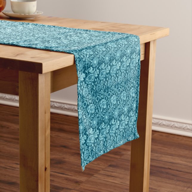 Art Nouveau Carnation Damask, Indigo and Sky Blue Short Table Runner (In Situ)