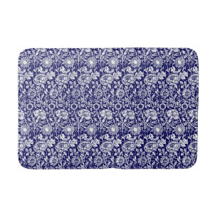Art Nouveau Carnation Damask, Indigo Blue & White Bath Mat