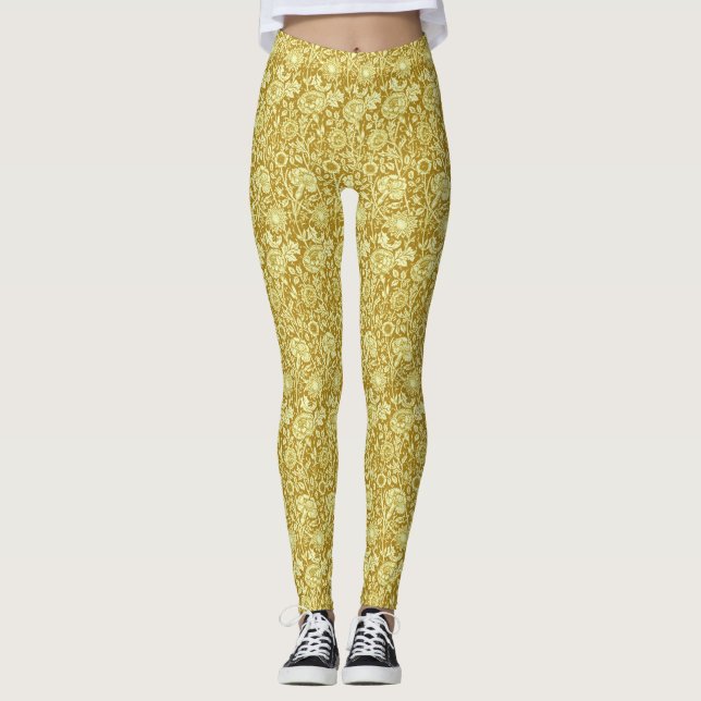 Art Nouveau Carnation Damask, Mustard and Yellow  Leggings (Front)