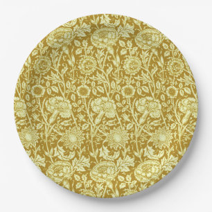 Art Nouveau Carnation Damask, Mustard and Yellow Paper Plate