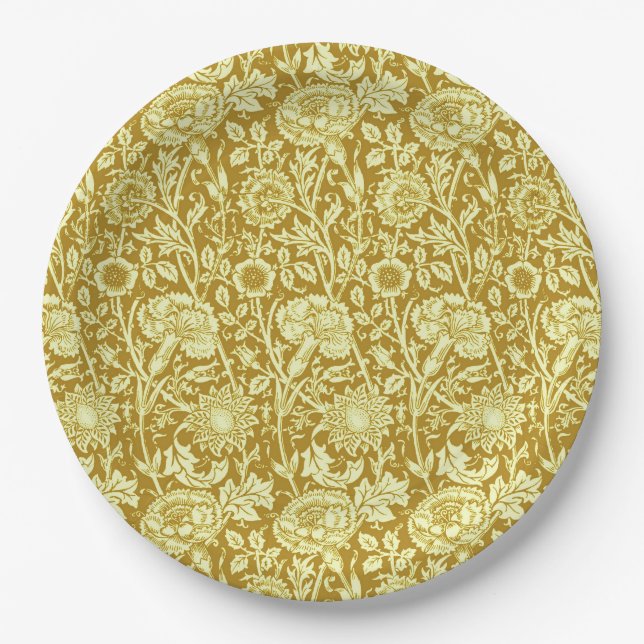 Art Nouveau Carnation Damask, Mustard and Yellow  Paper Plate (Front)
