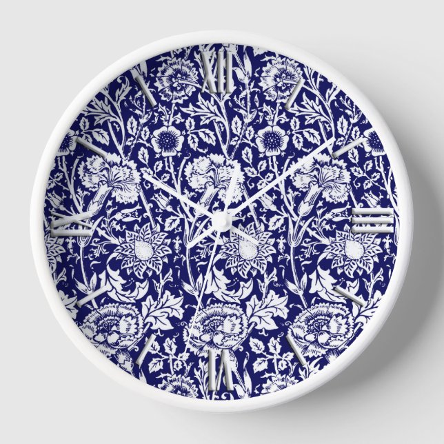 Art Nouveau Carnation Damask, Navy and White Clock (Front)