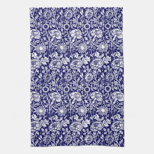 Art Nouveau Carnation Damask, Navy and White Kitchen Towel