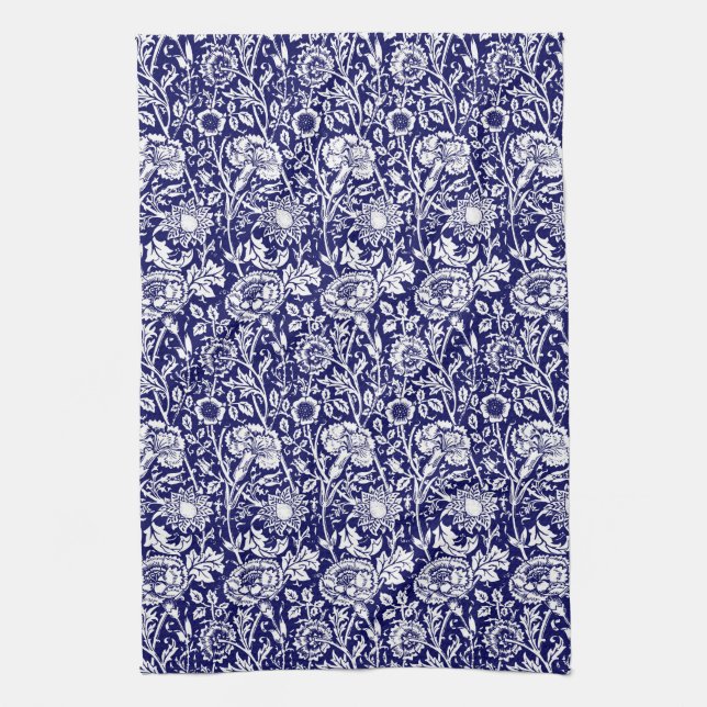 Art Nouveau Carnation Damask, Navy and White Kitchen Towel (Vertical)