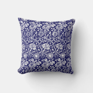 Art Nouveau Carnation Damask, Navy and White Throw Pillow