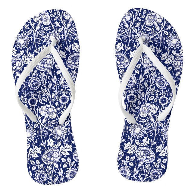 Art Nouveau Carnation Damask, Navy Blue and White Flip Flops (Footbed)