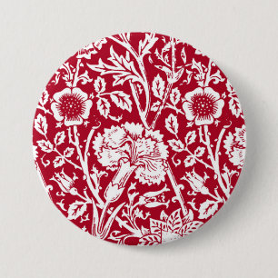 Art Nouveau Carnation Damask, Red and White 3 Inch Round Button
