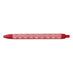 Art Nouveau Carnation Damask, Red and White Black Ink Pen