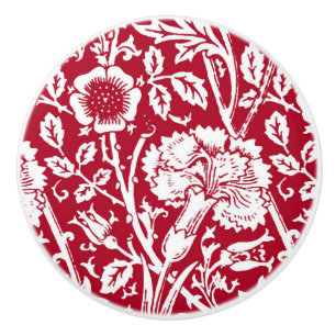 Art Nouveau Carnation Damask, Red and White Ceramic Knob