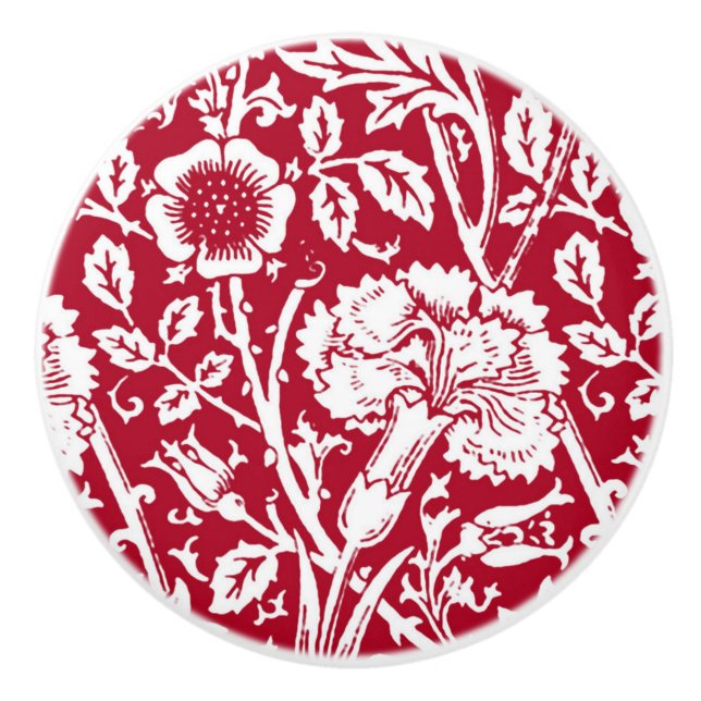 Art Nouveau Carnation Damask, Red and White Ceramic Knob (Front)
