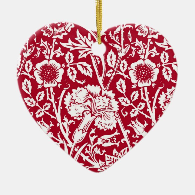 Art Nouveau Carnation Damask, Red and White Ceramic Ornament (Front)