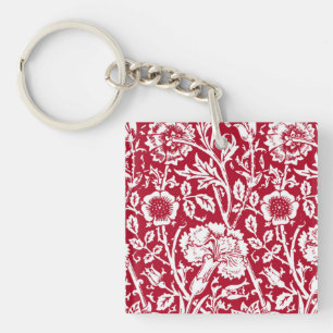 Art Nouveau Carnation Damask, Red and White Keychain