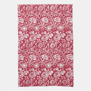Art Nouveau Carnation Damask, Red and White Kitchen Towel