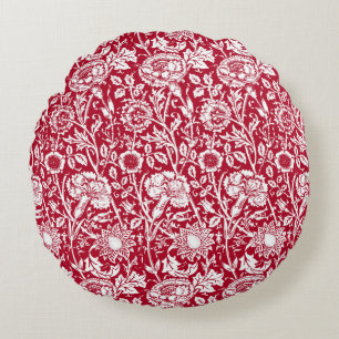 Art Nouveau Carnation Damask, Red and White Round Pillow