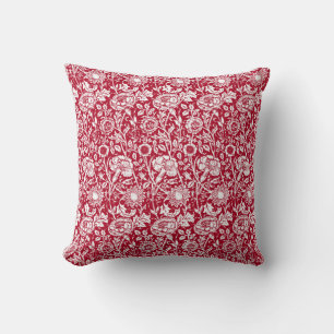 Art Nouveau Carnation Damask, Red and White Throw Pillow