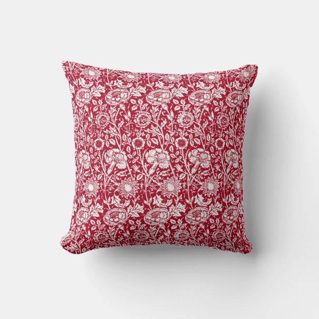 Art Nouveau Carnation Damask, Red and White Throw Pillow (Front)