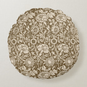 Art Nouveau Carnation Damask, Taupe and Cream Round Pillow