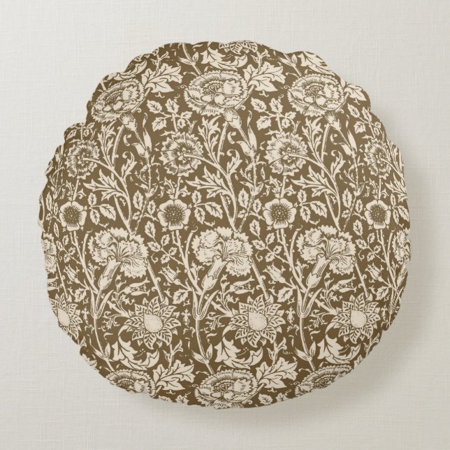 Art Nouveau Carnation Damask, Taupe and Cream Round Pillow (Front)