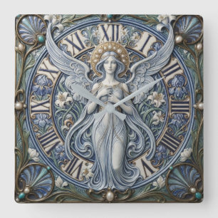 Art Nouveau Celestial Angel and Blue Enamel Square Wall Clock