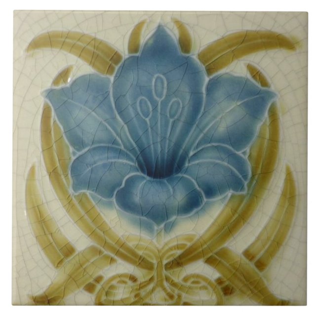 Art Nouveau Ceramic Tiles-Vintage Blue Flower Tile (Front)