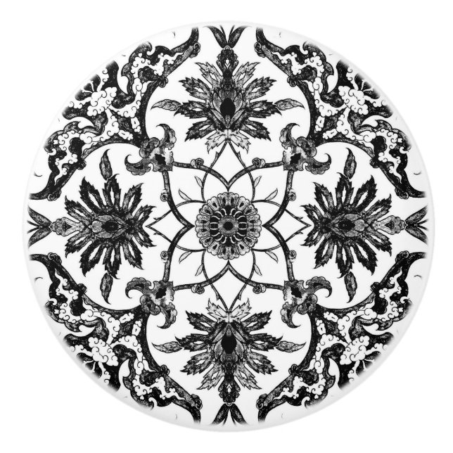 Art Nouveau Chinese Pattern - Black and White Ceramic Knob (Front)