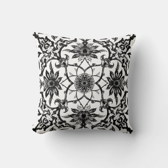 Art Nouveau Chinese Pattern - Black and White Throw Pillow (Front)