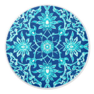 Art Nouveau Chinese Pattern - Turquoise and Blue Ceramic Knob