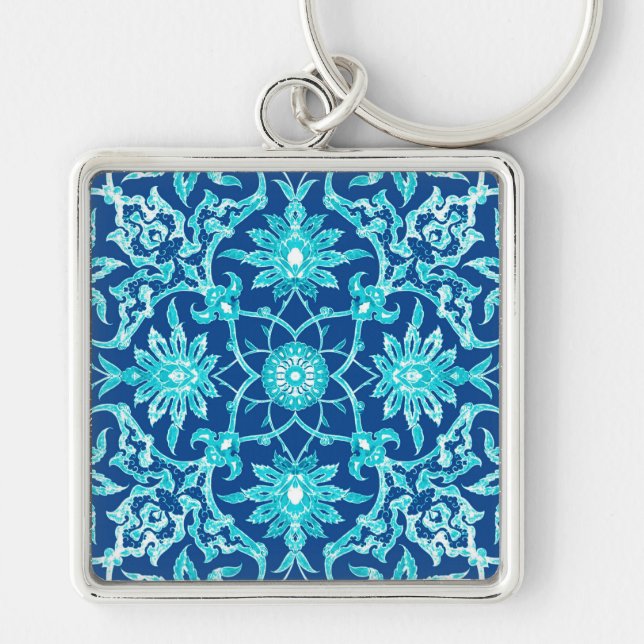 Art Nouveau Chinese Pattern - Turquoise and Blue Keychain (Front)