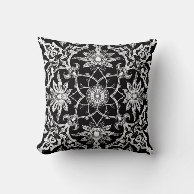 Art Nouveau Chinese Pattern - White on Black Throw Pillow (Front)