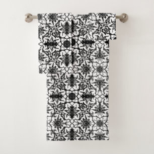 Art Nouveau Chinese Tile, Black and White Bath Towel Set