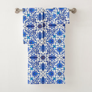 Art Nouveau Chinese Tile, Cobalt Blue & White Bath Towel Set