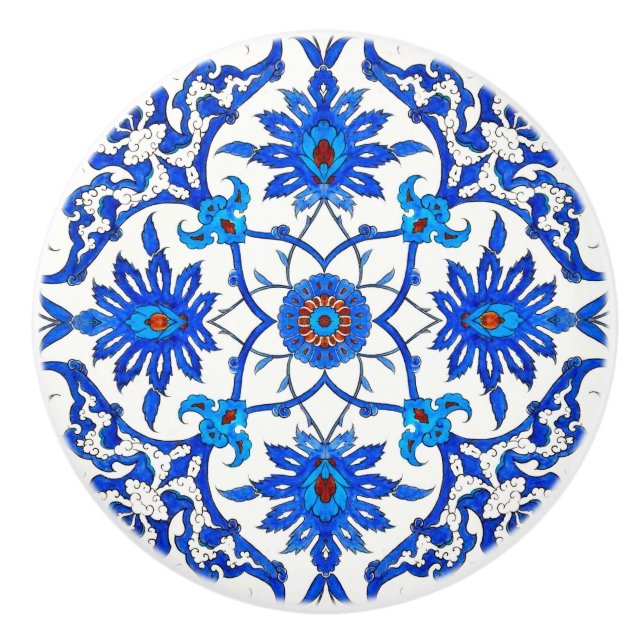 Art Nouveau Chinese Tile - Cobalt Blue & White Ceramic Knob (Front)