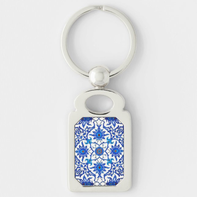Art Nouveau Chinese Tile - Cobalt Blue & White Keychain (Front)