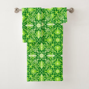Art Nouveau Chinese Tile, Emerald Green Bath Towel Set