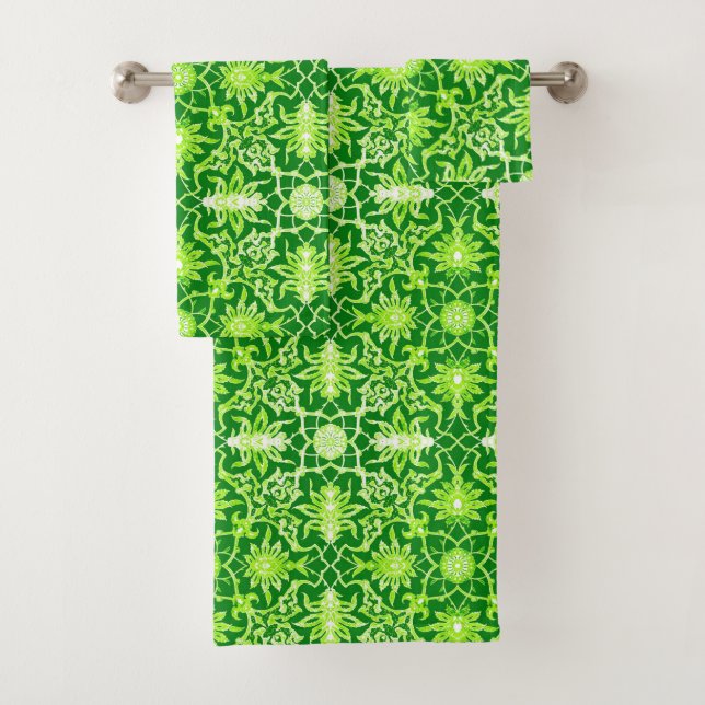 Art Nouveau Chinese Tile, Emerald Green Bath Towel Set (Insitu)