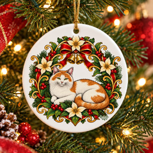 Art Nouveau Christmas Cat with Holly Wreath Ceramic Ornament