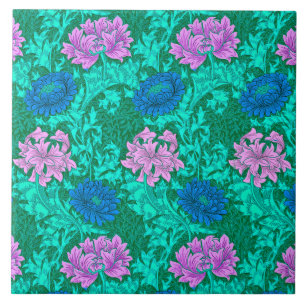 Art Nouveau Chrysanthemums, Aqua and Violet Tile